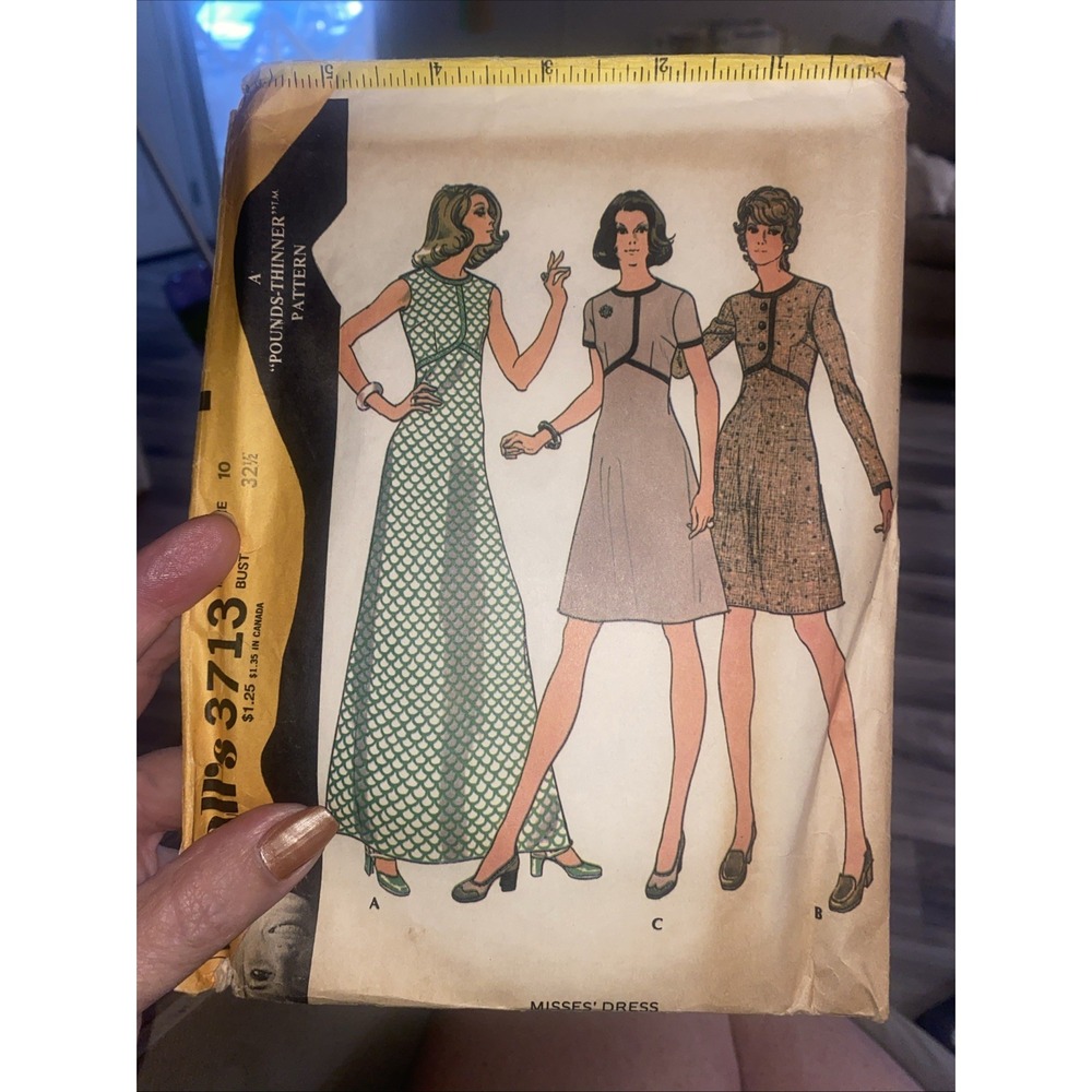Vintage McCalls 3713 Sewing Pattern 1970s Dress Size 10 Cut Complete